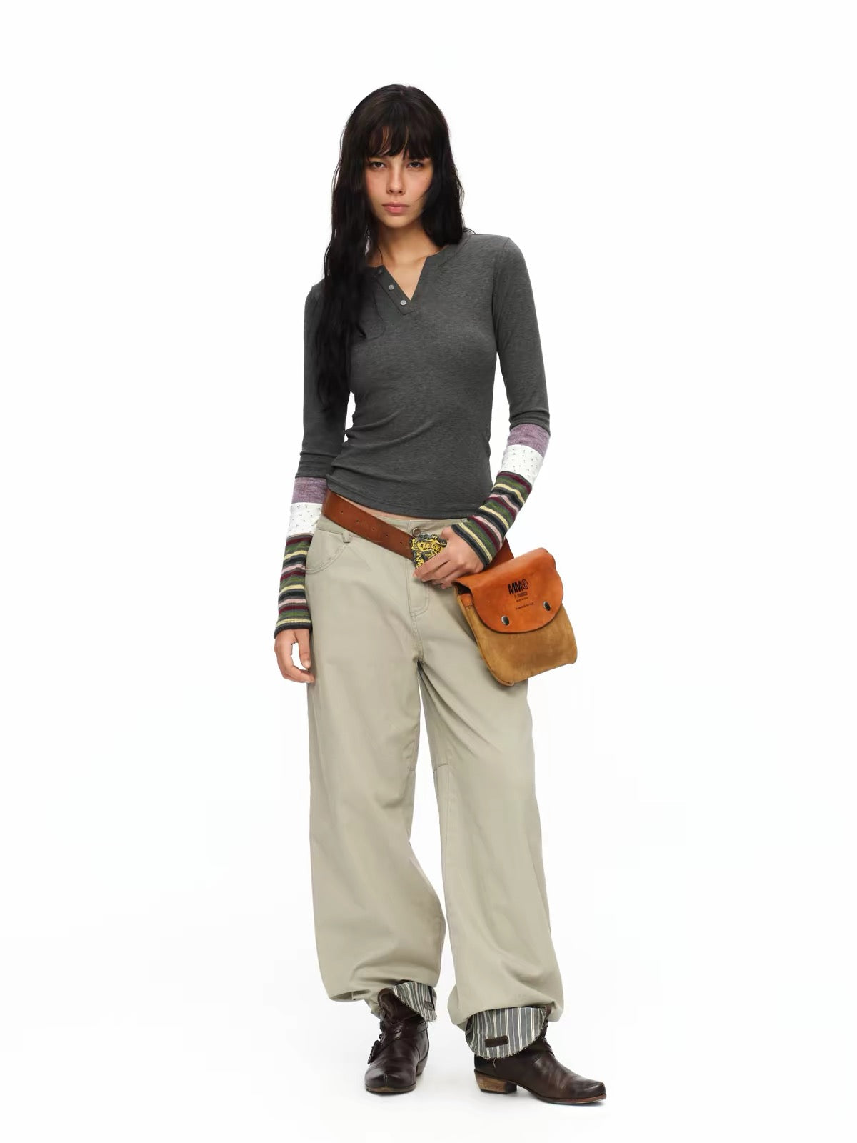 oinimi|Striped Ruched-Sleeve Base Layer