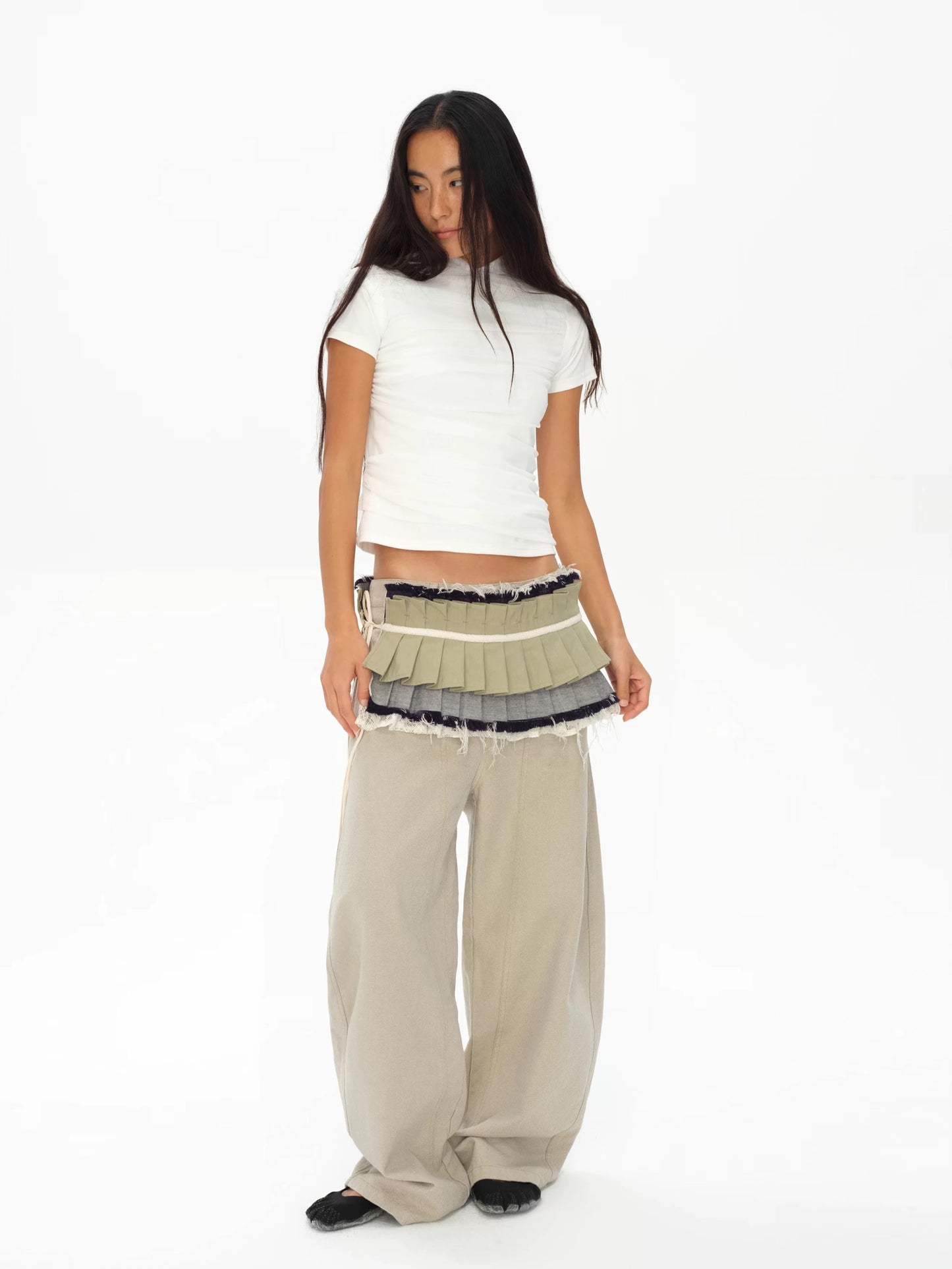 oinimi｜Raw-Edge Denim Accordion Skirt Panel Belt