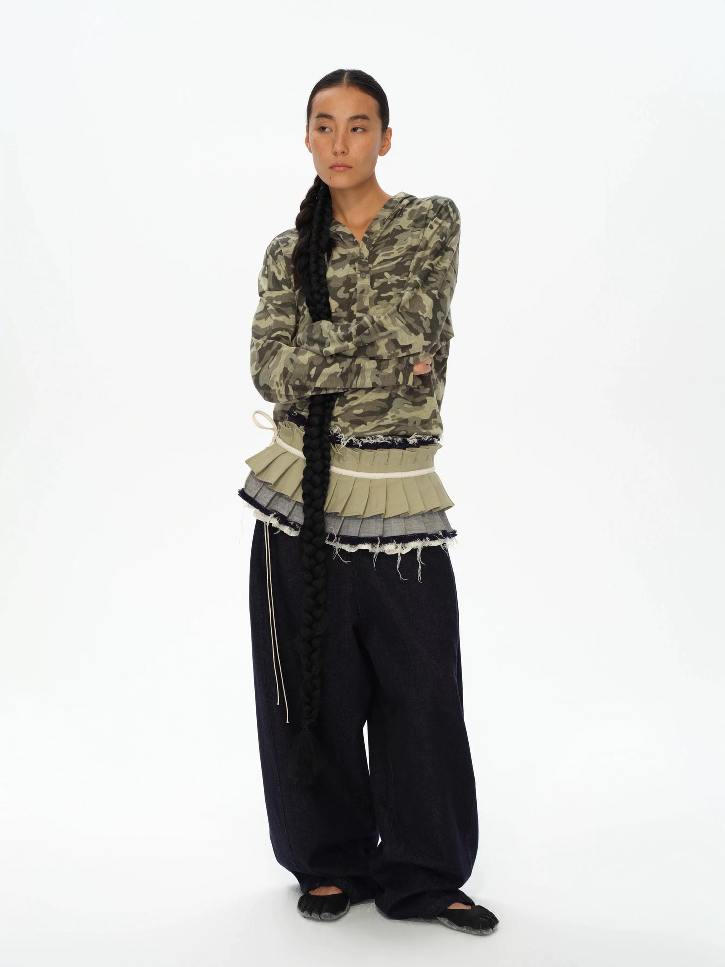oinimi｜Raw-Edge Denim Accordion Skirt Panel Belt