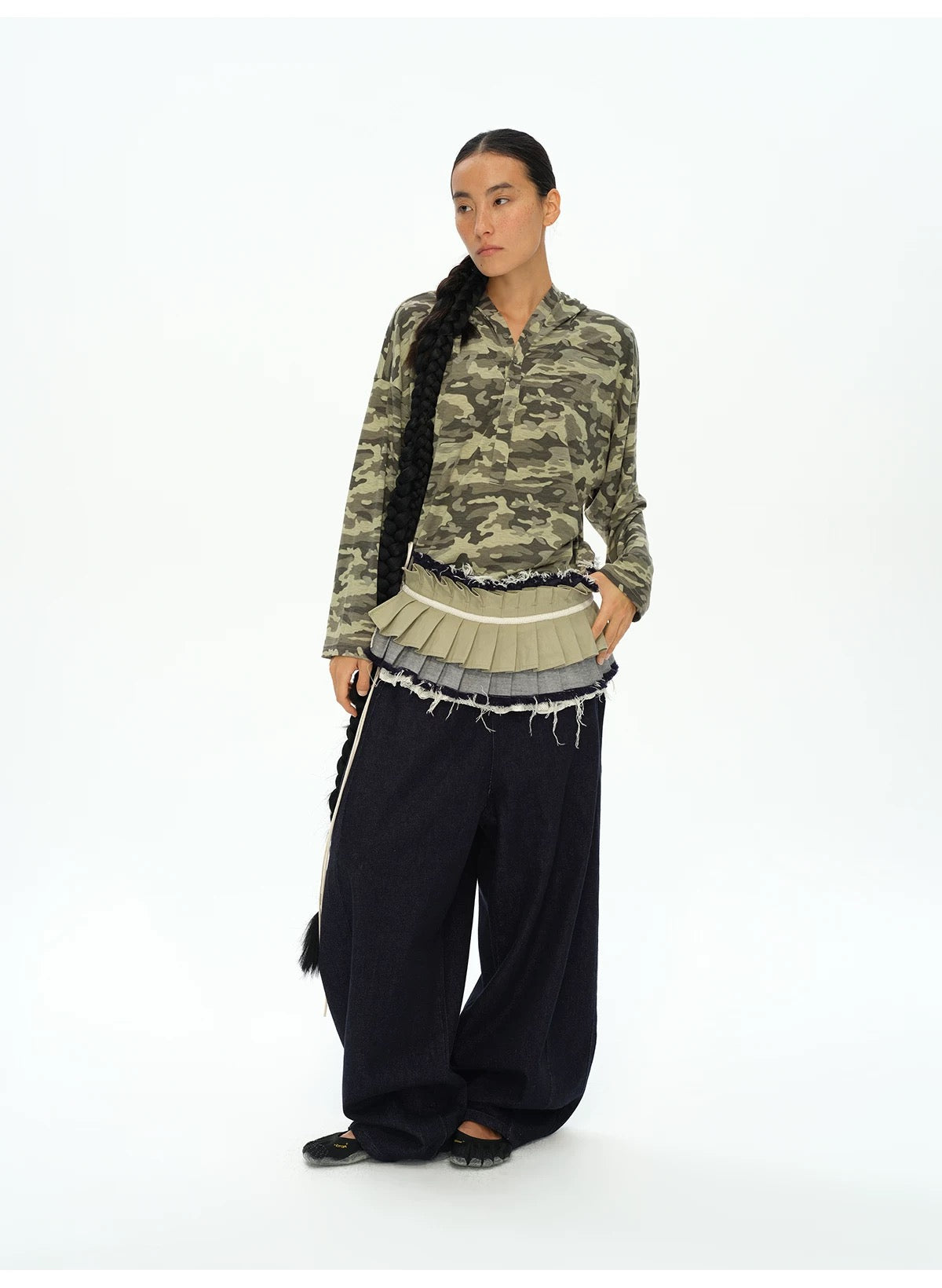 oinimi｜Raw-Edge Denim Accordion Skirt Panel Belt