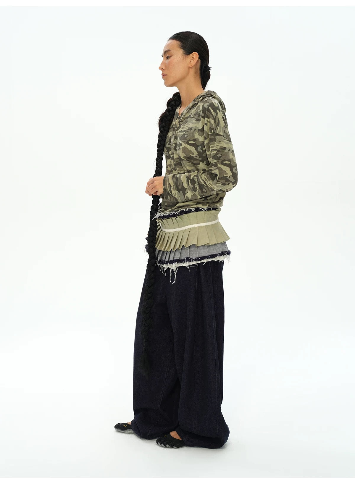 oinimi｜Raw-Edge Denim Accordion Skirt Panel Belt