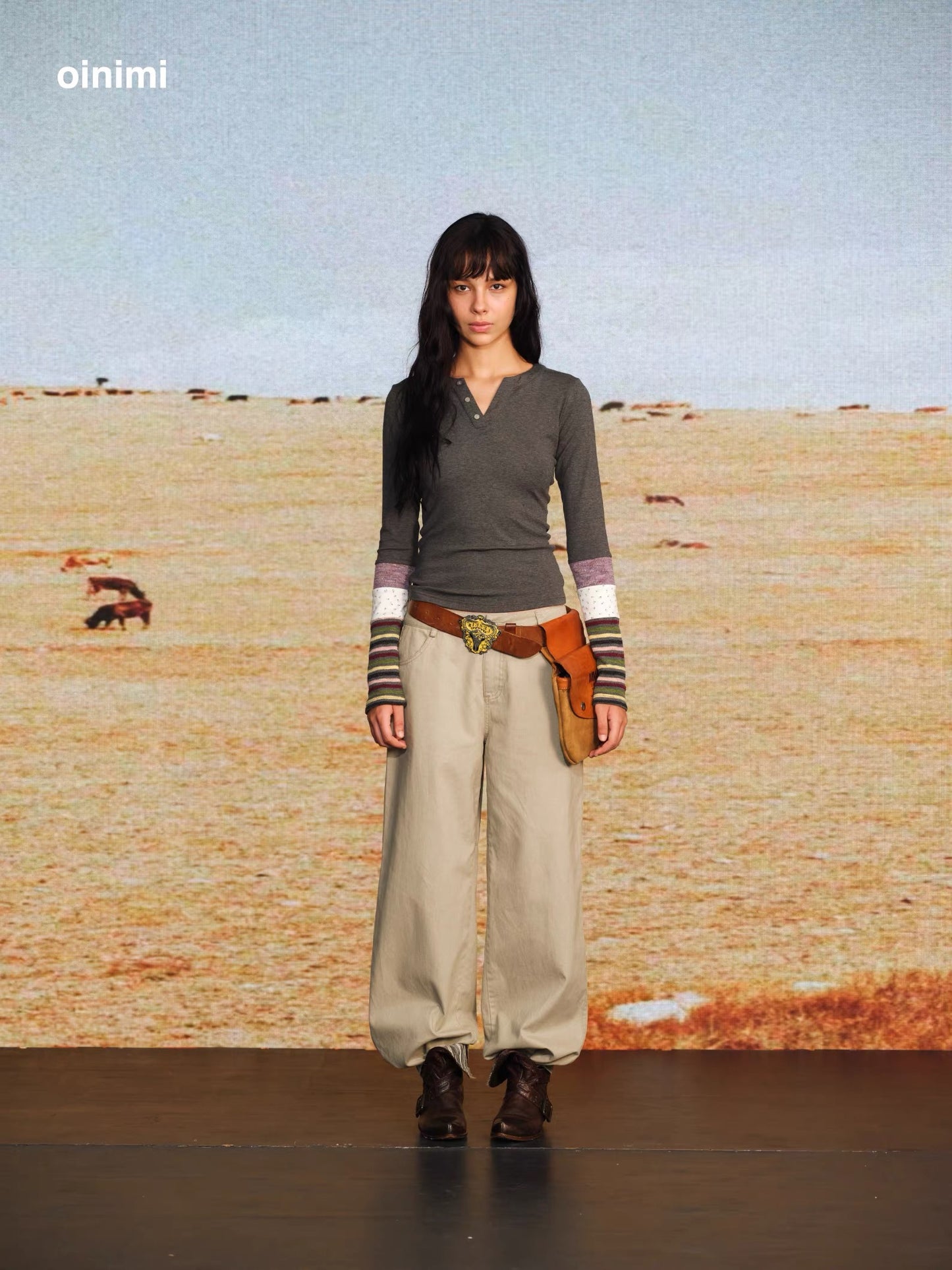 oinimi|Striped Ruched-Sleeve Base Layer