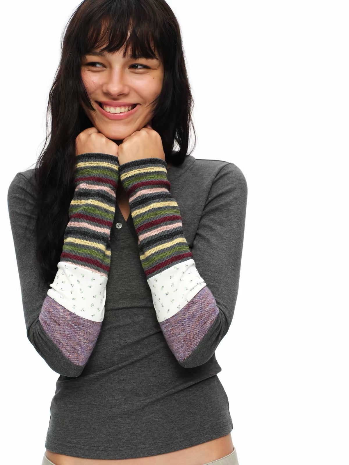 oinimi|Striped Ruched-Sleeve Base Layer