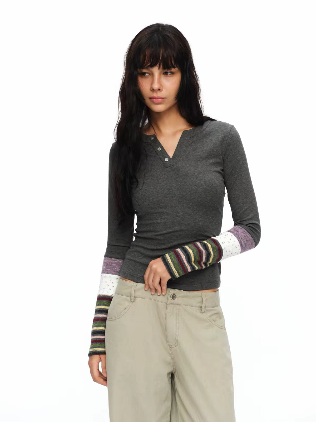 oinimi|Striped Ruched-Sleeve Base Layer