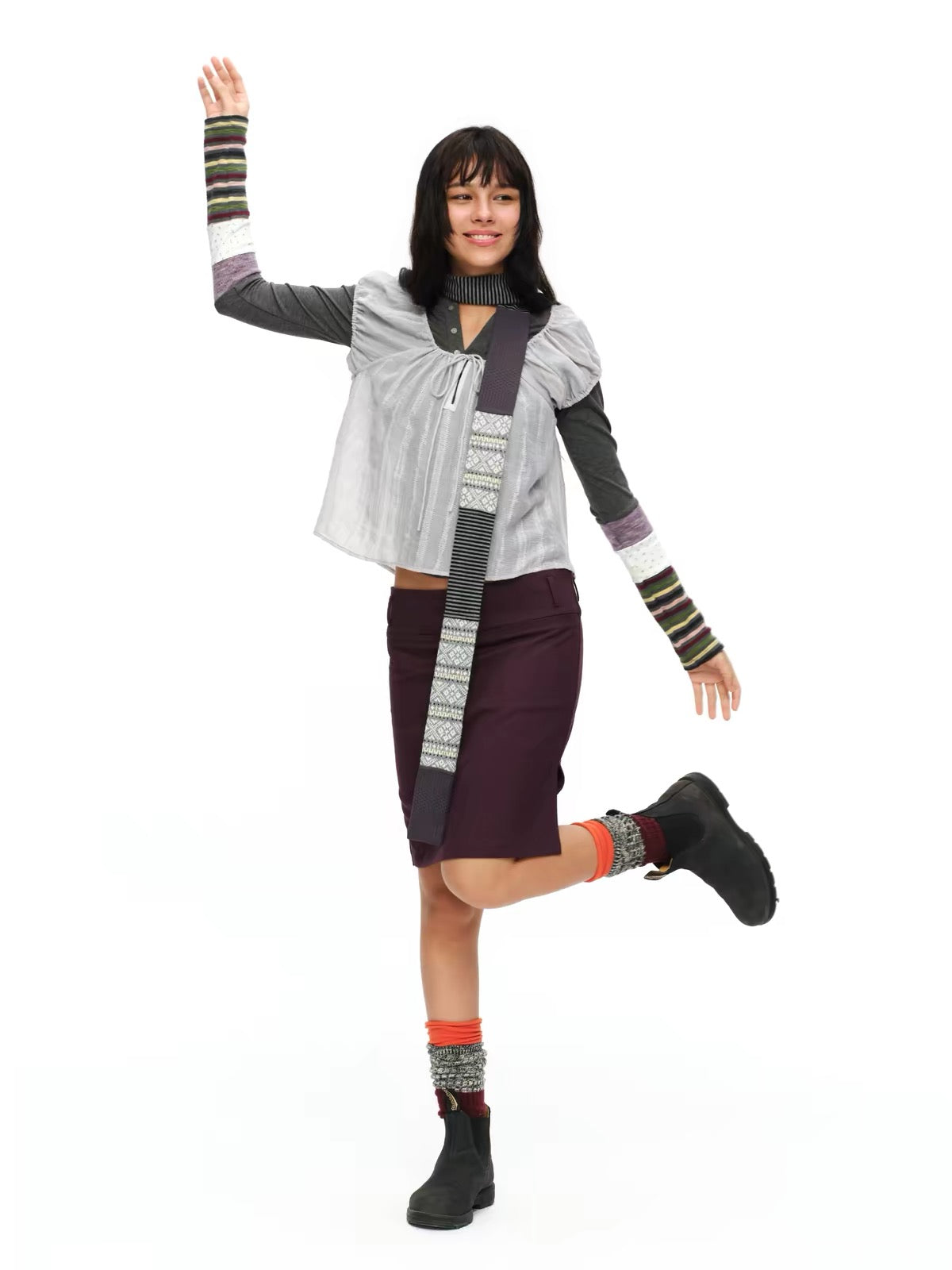 oinimi|Striped Ruched-Sleeve Base Layer