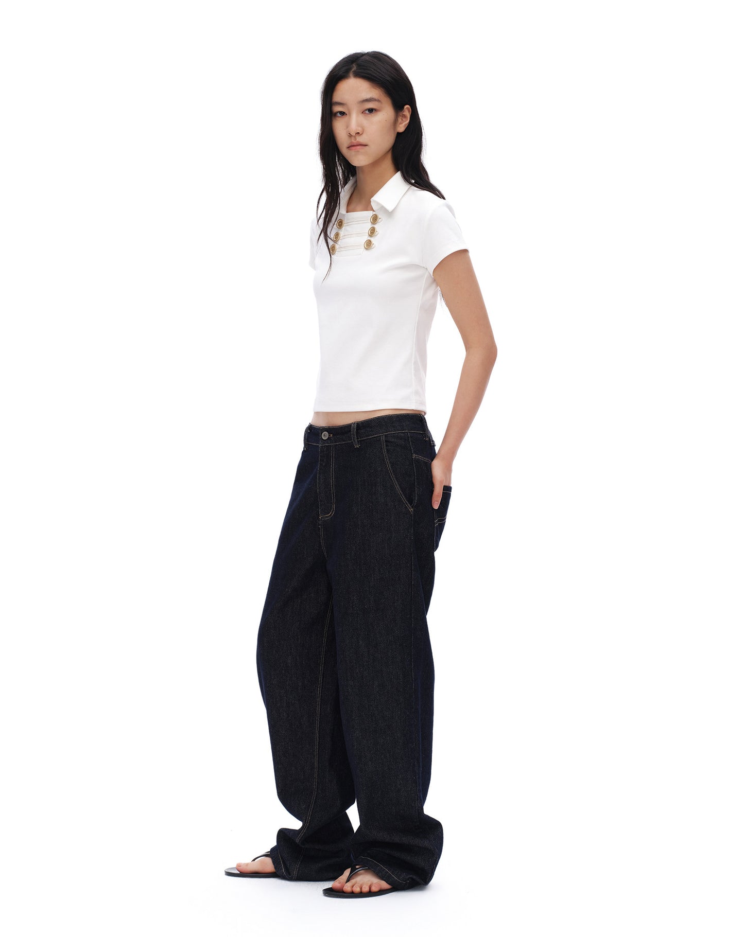 oinimi｜French-Inspired Double-Breasted Sailor Collar Polo Top