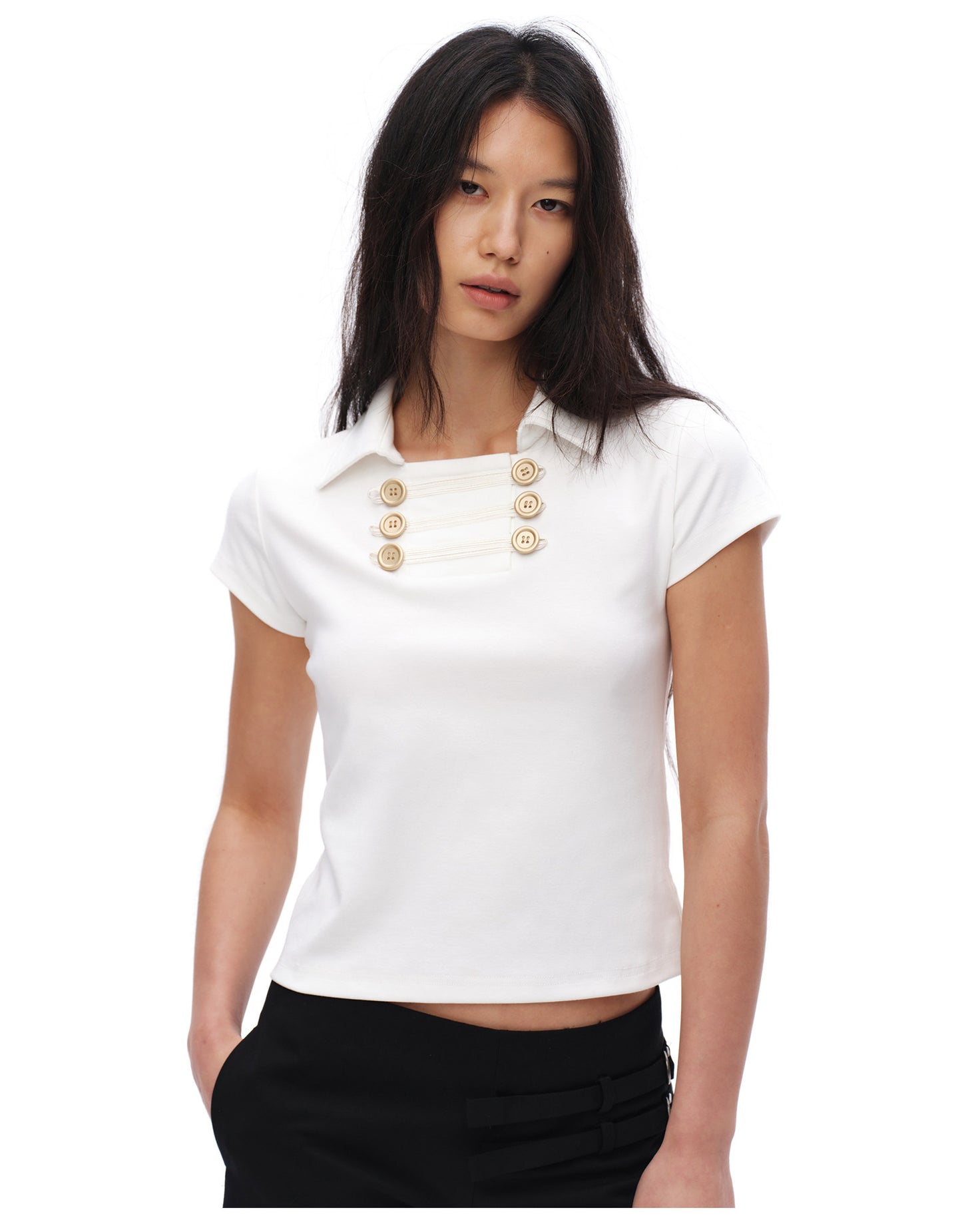 oinimi｜French-Inspired Double-Breasted Sailor Collar Polo Top