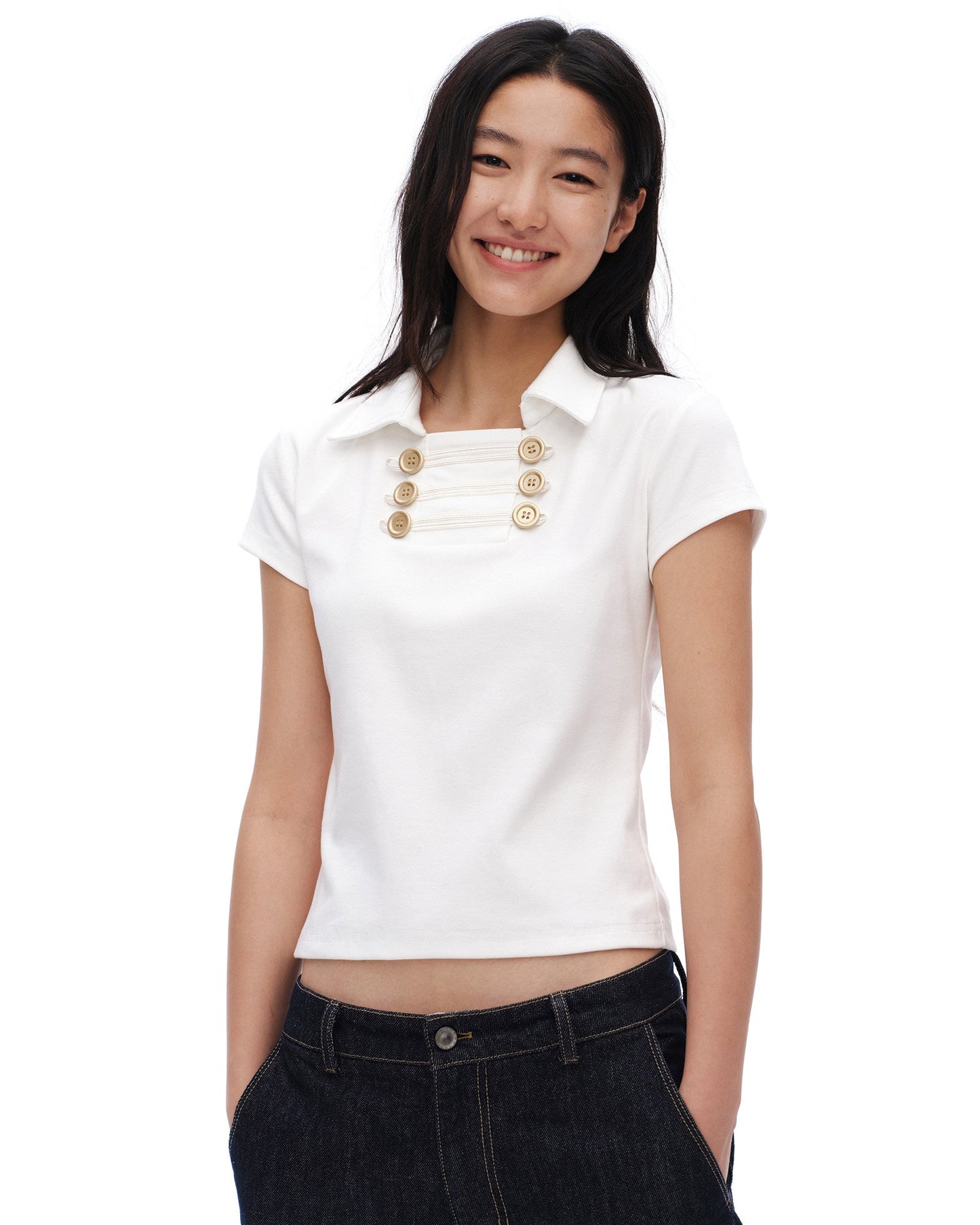 oinimi｜French-Inspired Double-Breasted Sailor Collar Polo Top